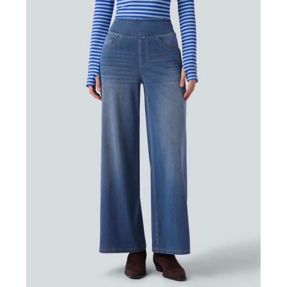 Halara Womens Flex High Waisted Wide Leg Denim Pants Pull On Large R Stretchy